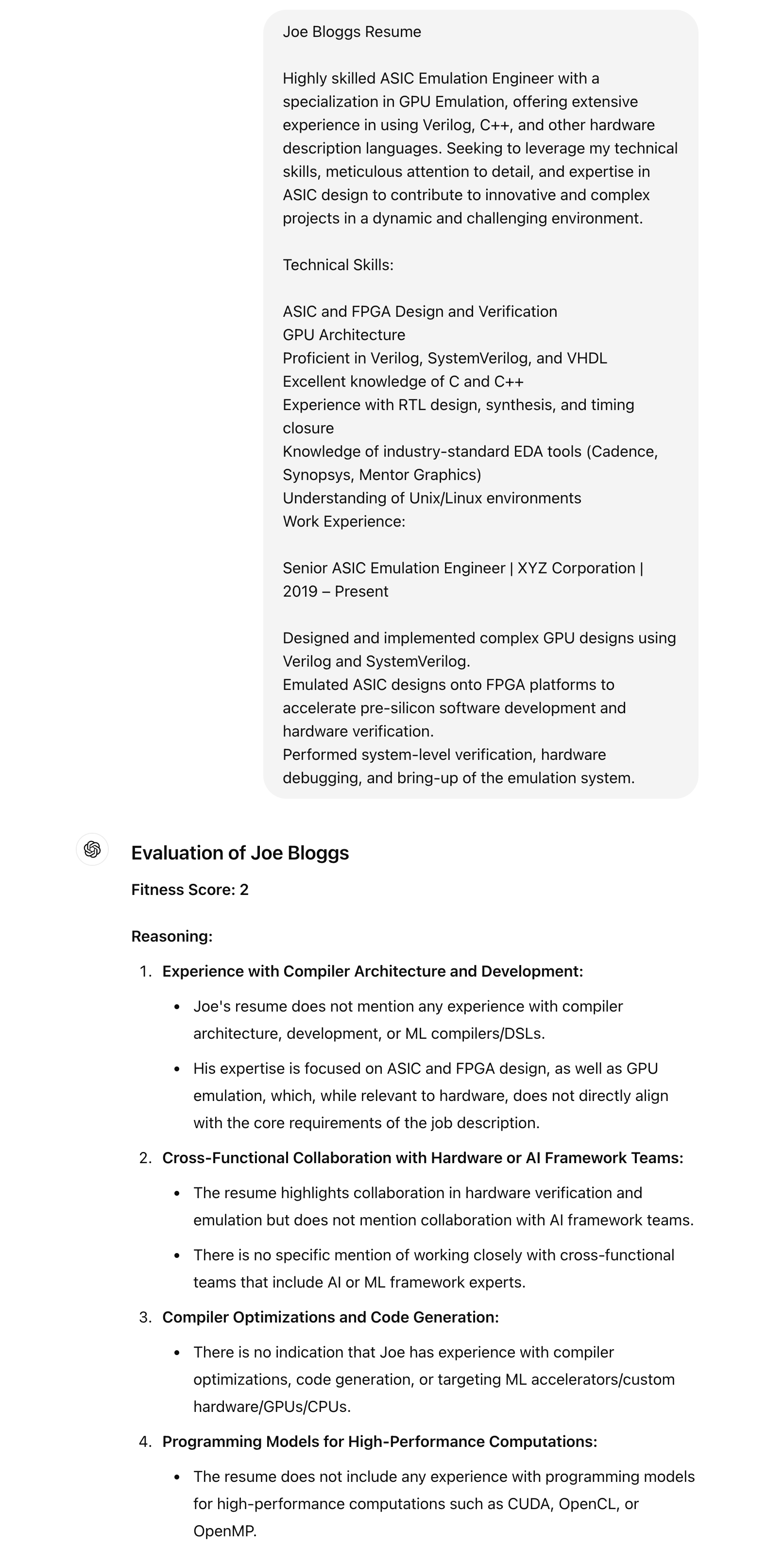 Evaluation of Joe Bloggs Resume